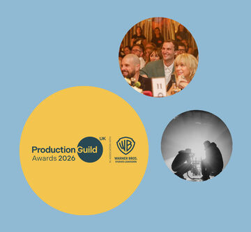 Three images in circles, one with a PRG Warner Bros logo, one with people sat at a table during an awards ceremony and another of light shining on two people